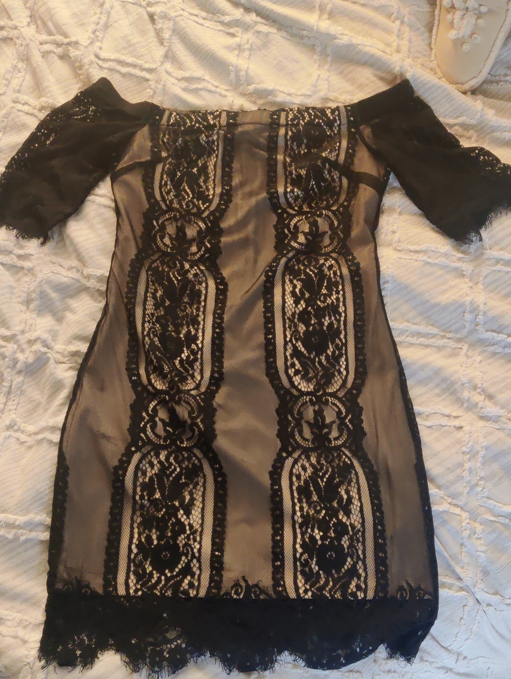 Lush Black Sheer Lace Off-Shoulder Mini Dress
